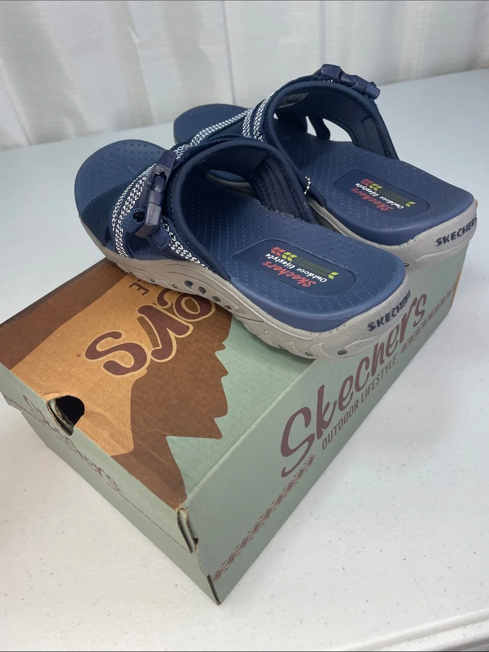 Skechers women’s Navy and White Slip-On Sport Sandals